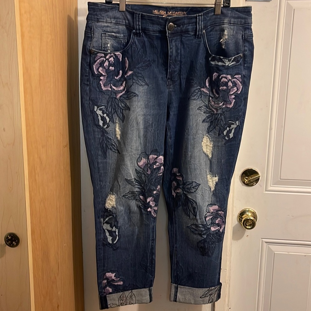 Melissa McCarthy Navy/Purple Embroidered Jean Sz 14W